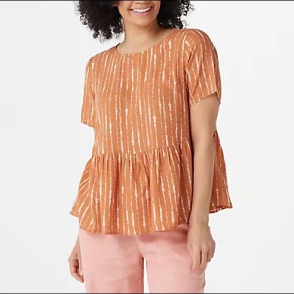 Denim & Co. Naturals Printed Linen Blend Peplum Blouse